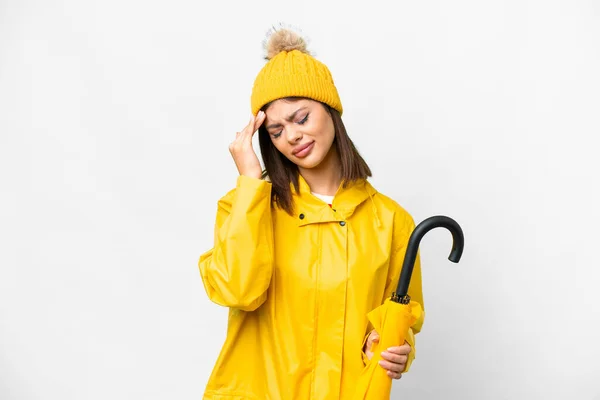 Mujer Rusa Joven Con Abrigo Impermeable Paraguas Sobre Fondo Blanco —  Fotos de Stock
