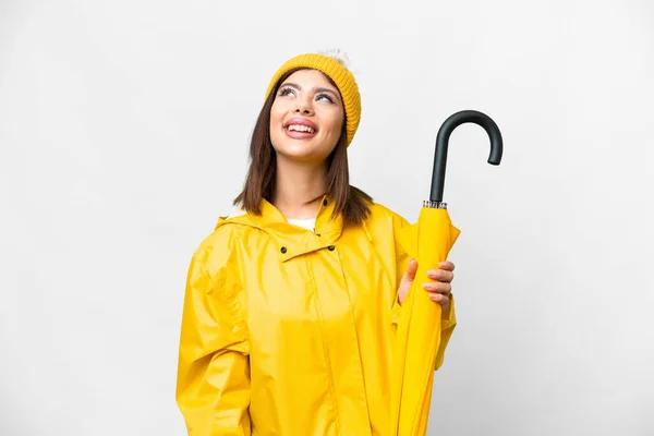 Young Russian Woman Rainproof Coat Umbrella Isolated White Background Laughing — Stock Photo, Image