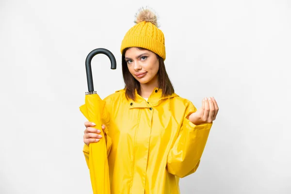 Yağmura Dayanıklı Ceketli Şemsiyeli Genç Bir Rus Kadın Izole Edilmiş — Stok fotoğraf
