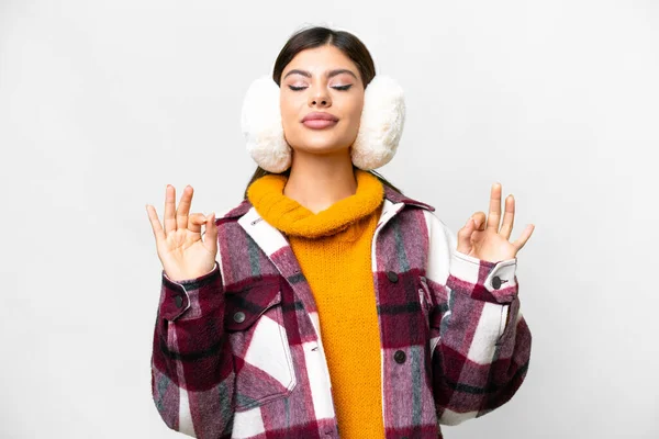 Young Russian Woman Wearing Winter Muffs Isolated White Background Zen — Stock Photo, Image