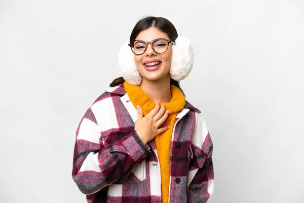 Νεαρή Ρωσίδα Γυναίκα Που Φοράει Χειμωνιάτικες Μανσέτες Πάνω Από Απομονωμένο — Φωτογραφία Αρχείου