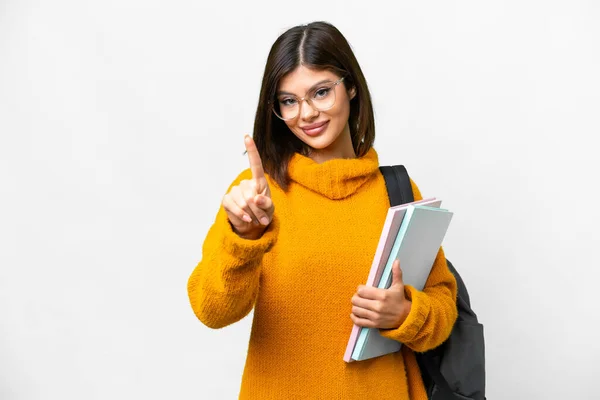 Young Student Woman Isolated White Background Showing Lifting Finger — Stock Photo, Image