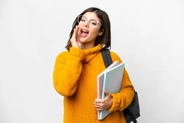 Young Student Woman Isolated White Background Shouting Mouth Wide Open — Stock Photo, Image