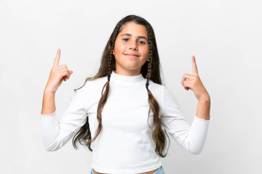 Young girl over isolated white background pointing up a great idea