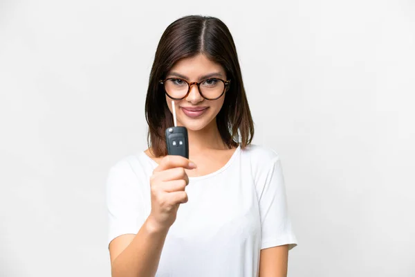 Young Russian Woman Holding Car Keys Isolated White Background Happy — Φωτογραφία Αρχείου