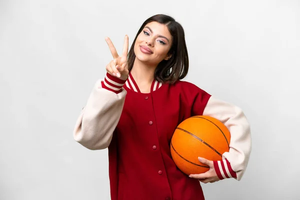 Jeune Femme Russe Jouant Basket Sur Fond Blanc Isolé Souriant — Photo