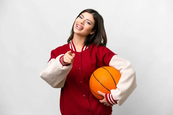 Jeune Femme Russe Jouant Basket Sur Fond Blanc Isolé Pointant — Photo