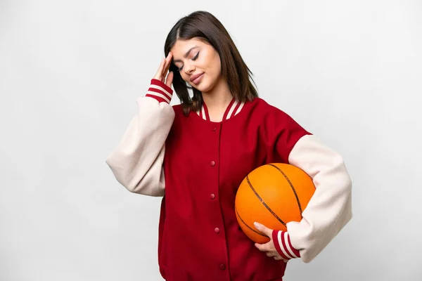 Young Russian Woman Playing Basketball Isolated White Background Headache — Stock Photo, Image