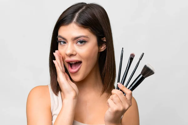 Young Russian Woman Isolated White Background Holding Makeup Brush — Stock Photo, Image