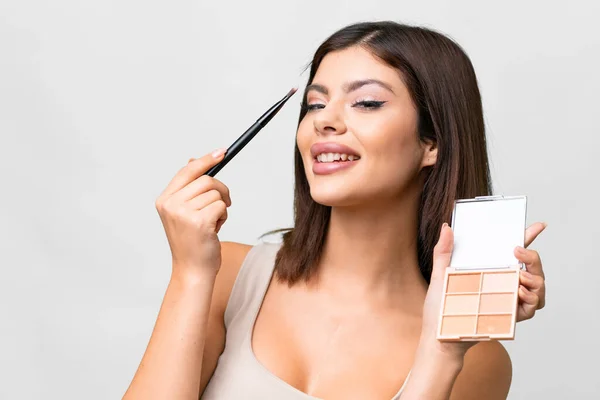Young Russian Woman Isolated White Background Makeup Palette Happy — Stock Photo, Image