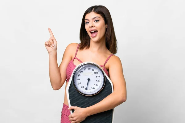 Young Russian Woman Isolated White Background Weighing Machine — Foto Stock