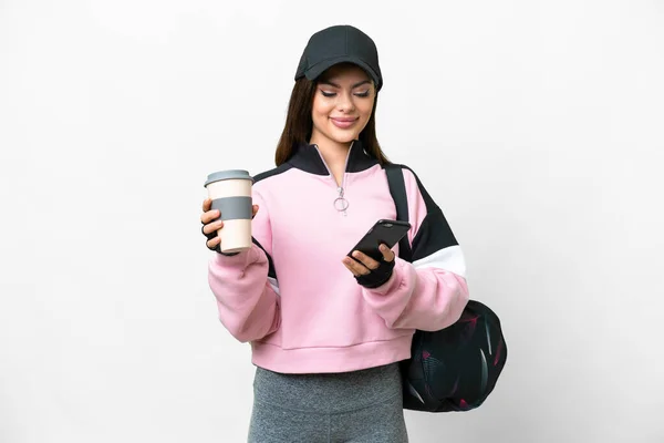 Young Sport Woman Sport Bag Isolated White Background Holding Coffee — Stock Photo, Image