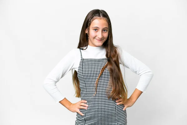 Menina Sobre Fundo Branco Isolado Posando Com Braços Quadril Sorrindo — Fotografia de Stock