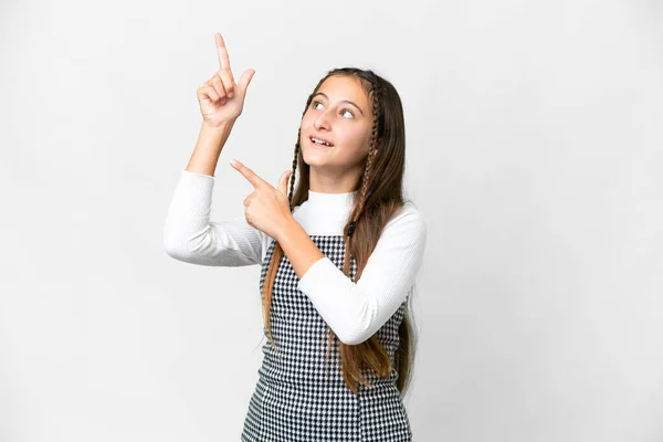 Jong Meisje Geïsoleerde Witte Achtergrond Wijzen Met Wijsvinger Een Geweldig — Stockfoto
