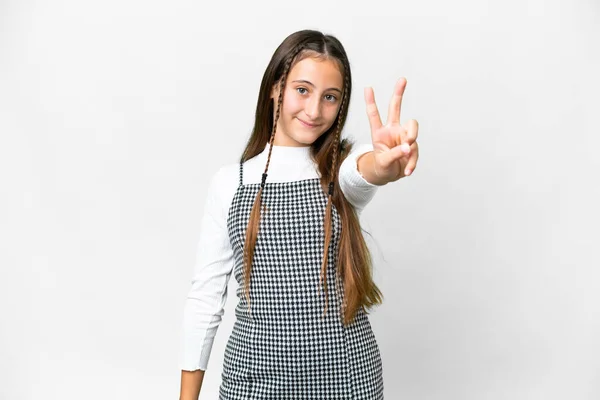 Junges Mädchen Auf Isoliertem Weißem Hintergrund Lächelt Und Zeigt Siegeszeichen — Stockfoto