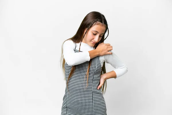Menina Sobre Fundo Branco Isolado Sofrendo Dor Ombro Por Ter — Fotografia de Stock