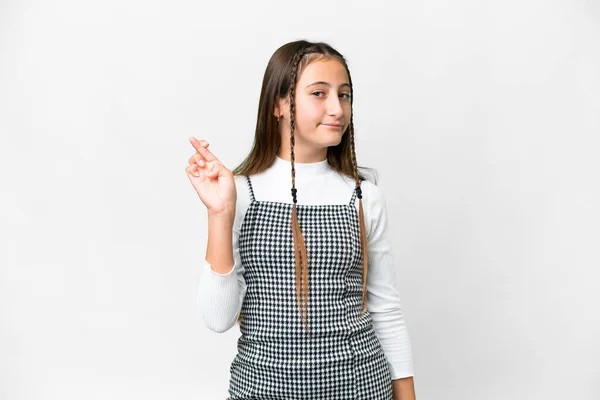 Chica Joven Sobre Fondo Blanco Aislado Con Los Dedos Cruzando —  Fotos de Stock