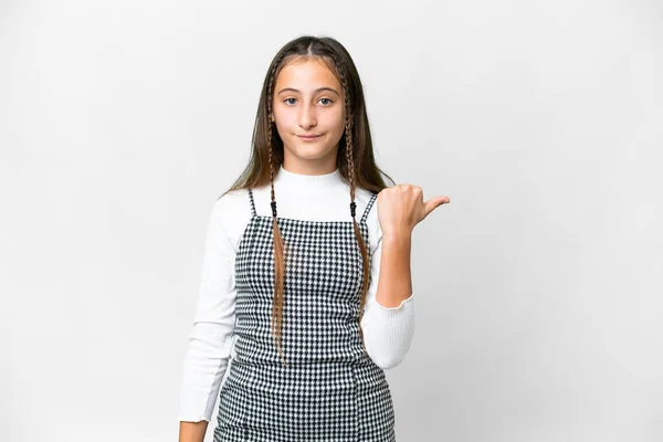Jeune Fille Sur Fond Blanc Isolé Pointant Vers Côté Pour — Photo