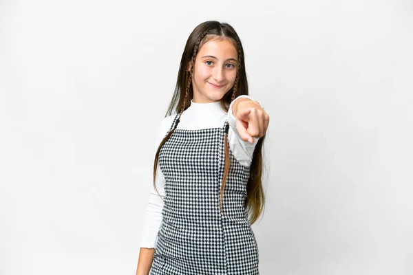 Junges Mädchen Auf Isoliertem Weißem Hintergrund Zeigt Mit Selbstbewusstem Gesichtsausdruck — Stockfoto