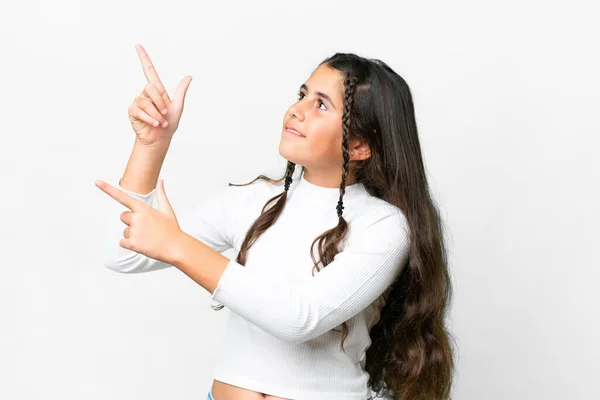 年轻姑娘克服了孤立的白色背景 用食指指尖着一个好主意 — 图库照片