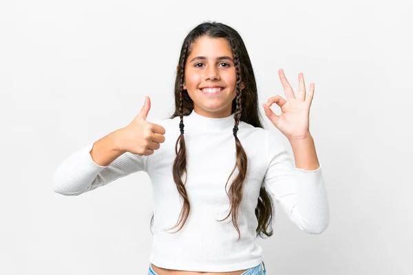 Młoda Dziewczyna Nad Odizolowanym Białym Tle Pokazuje Znak Kciuk Górę — Zdjęcie stockowe