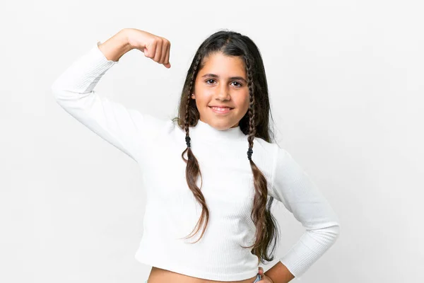 Menina Jovem Sobre Fundo Branco Isolado Fazendo Gesto Forte — Fotografia de Stock