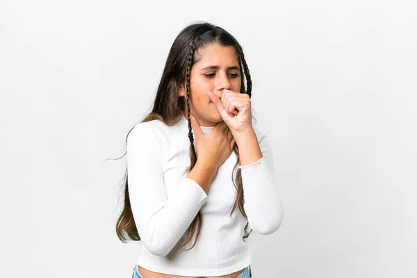 Chica Joven Sobre Fondo Blanco Aislado Está Sufriendo Tos Sentirse —  Fotos de Stock