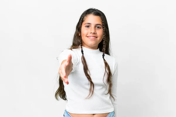 Junges Mädchen Vor Isoliertem Weißen Hintergrund Schüttelt Hände Ein Gutes — Stockfoto