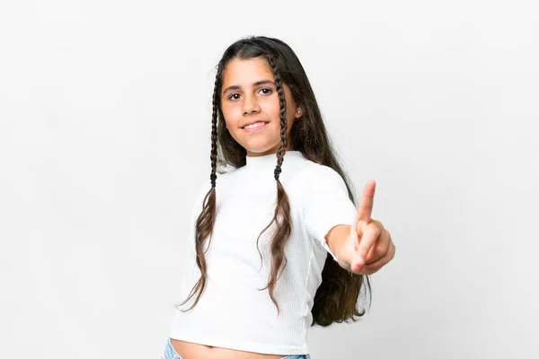 Zole Edilmiş Beyaz Arka Planı Olan Genç Bir Kız Parmağını — Stok fotoğraf