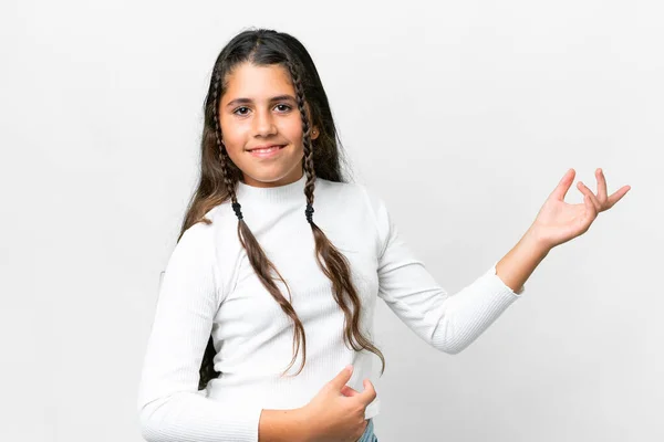 Junges Mädchen Über Isoliertem Weißem Hintergrund Macht Gitarrengeste — Stockfoto