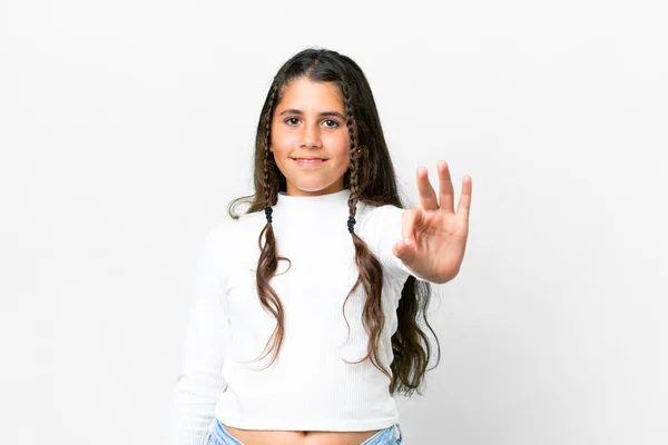 Soyutlanmış Beyaz Bir Geçmişi Olan Genç Kız Mutlu Parmaklarıyla Üçe — Stok fotoğraf