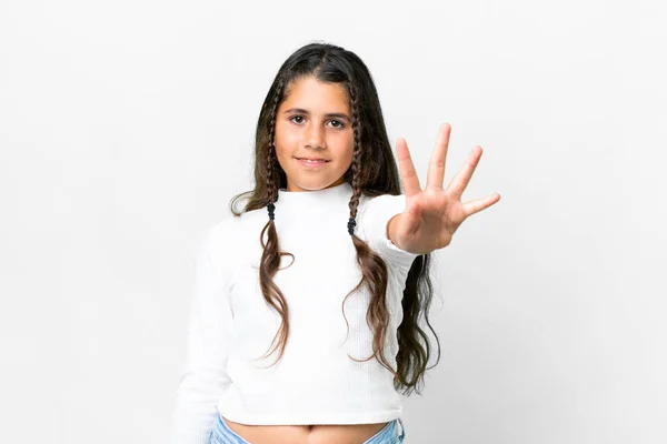 Mladá Dívka Přes Izolované Bílé Pozadí Šťastný Počítání Čtyři Prsty — Stock fotografie