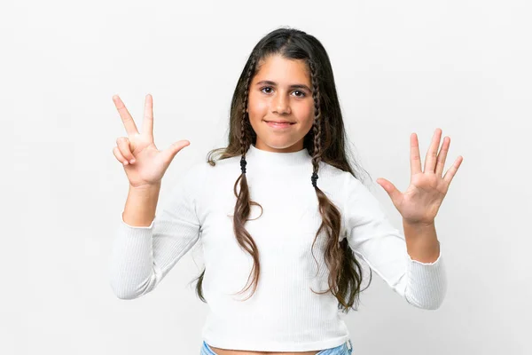 Young Girl Isolated White Background Counting Eight Fingers — 스톡 사진