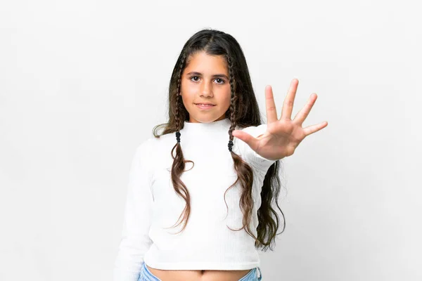 Νεαρό Κορίτσι Πάνω Από Απομονωμένο Λευκό Φόντο Καταμέτρηση Πέντε Δάχτυλα — Φωτογραφία Αρχείου