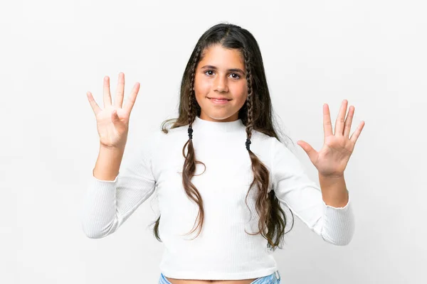 独立的白人背景上的小女孩用手指数着9 — 图库照片