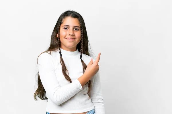 Młoda Dziewczyna Odizolowanym Białym Tle Wskazując Bok Aby Przedstawić Produkt — Zdjęcie stockowe