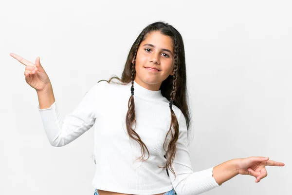 Chica Joven Sobre Fondo Blanco Aislado Señalando Dedo Los Laterales —  Fotos de Stock