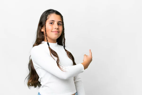 Chica Joven Sobre Fondo Blanco Aislado Apuntando Hacia Atrás —  Fotos de Stock
