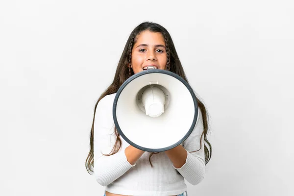 Menina Sobre Fundo Branco Isolado Gritando Através Megafone — Fotografia de Stock