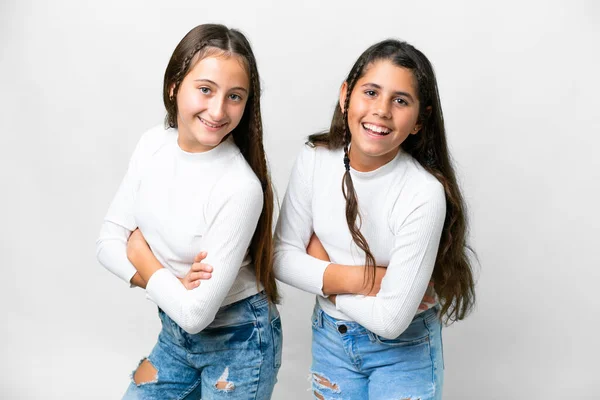 Φίλοι Κορίτσια Πάνω Από Απομονωμένο Λευκό Φόντο Κρατώντας Χέρια Σταυρωμένα — Φωτογραφία Αρχείου