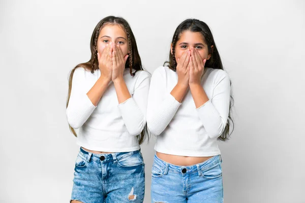 Amigos Chicas Sobre Aislado Fondo Blanco Sonriendo Mucho Mientras Cubre —  Fotos de Stock