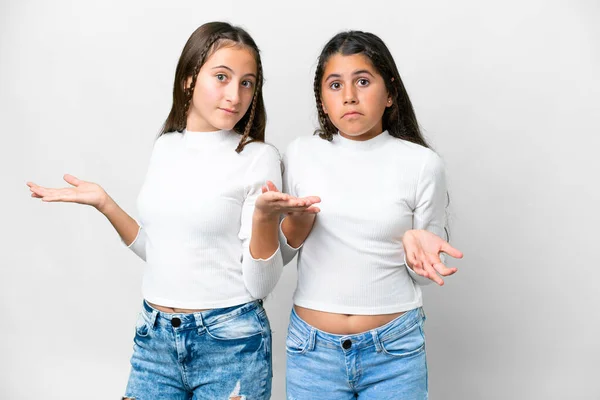 Friends Girls Isolated White Background Having Doubts While Raising Hands — Stock Photo, Image
