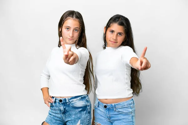 Amigos Chicas Sobre Aislado Fondo Blanco Mostrando Levantando Dedo — Foto de Stock