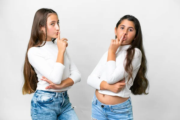 Friends Girls Isolated White Background Showing Sign Closing Mouth Silence — Zdjęcie stockowe