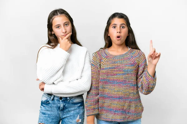Friends Girls Isolated White Background Standing Thinking Idea — Zdjęcie stockowe