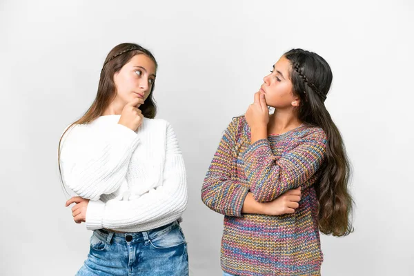 Friends Girls Isolated White Background Standing Thinking Idea — Stockfoto