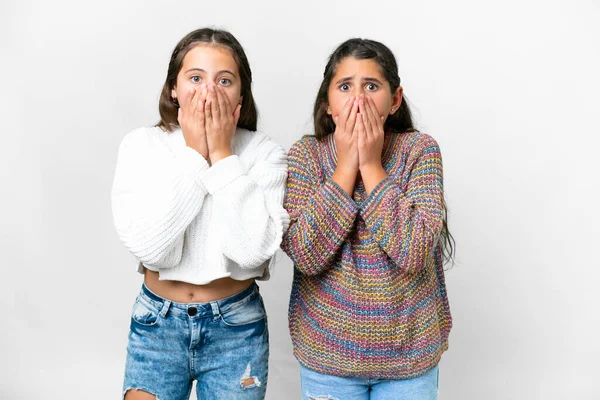 Amigos Meninas Sobre Isolado Fundo Branco Com Expressão Facial Surpresa — Fotografia de Stock