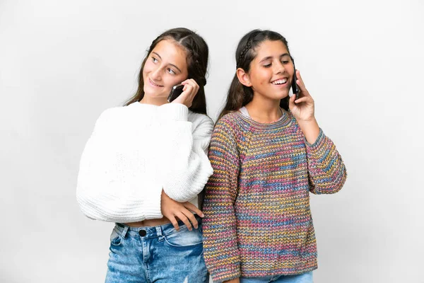 Friends Girls Isolated White Background Talking Mobile — Fotografia de Stock