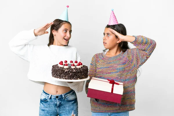 Friends Girls Holding Gift Birthday Cake Isolated White Background Surprise —  Fotos de Stock