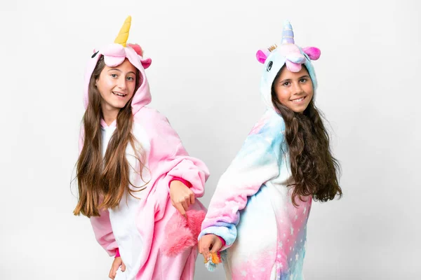 Friends Girls Unicorn Pajamas Isolated White Background — Zdjęcie stockowe